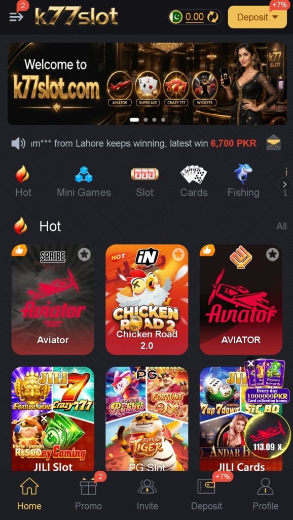 K77SLOT Game APK dashboard interface on Android
